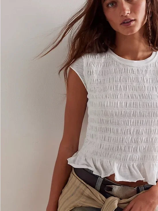 We the Free Sylvie Tee White Smocked Ruffle Top - Women - Picture 2 of 8